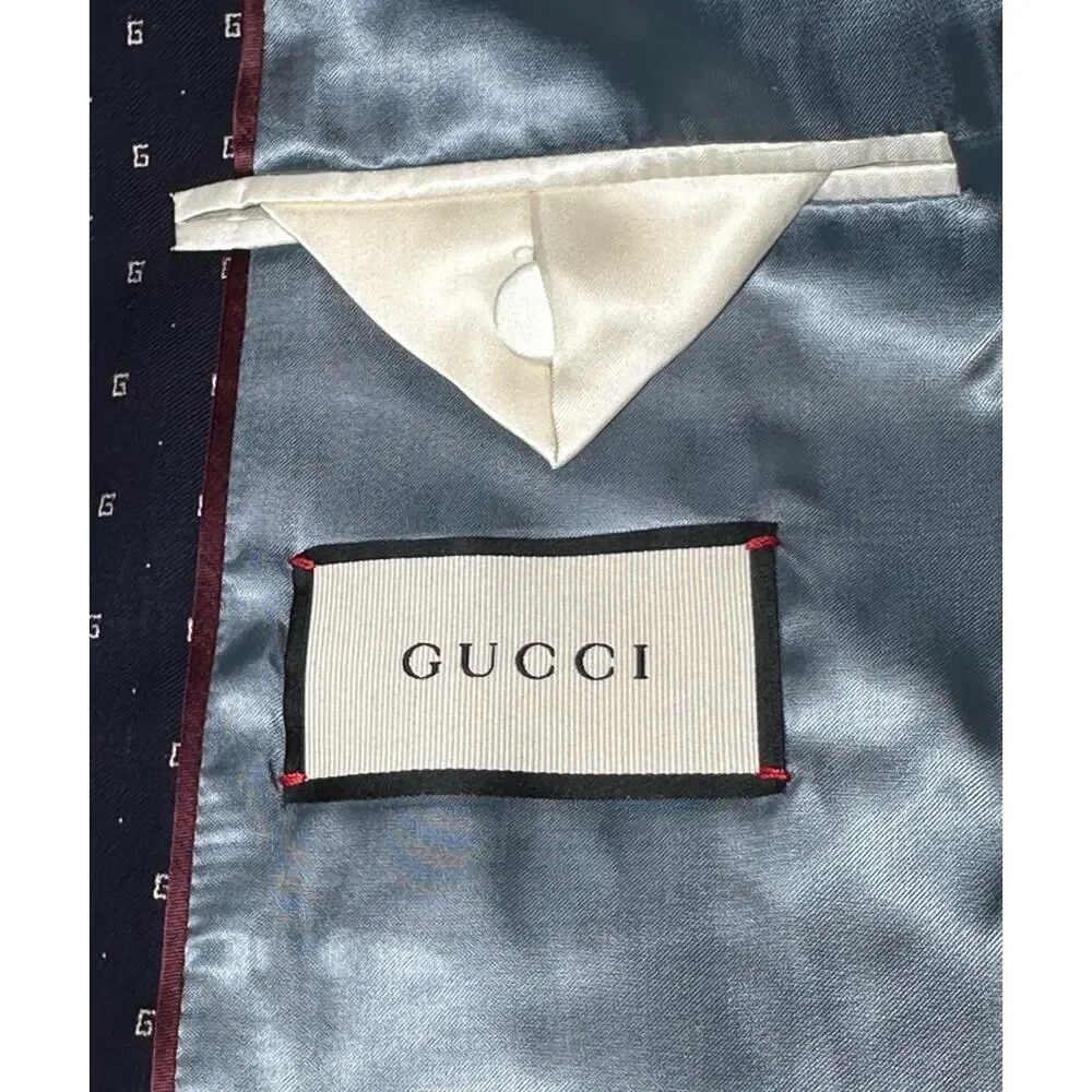 Gucci NWT Mens Blue GG Logo Wool 2 Piece Slim Fit Suit Jacket Pants IT 46
